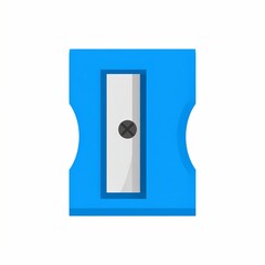 Blue rectangular pencil sharpener with a silver blade and a black dot.