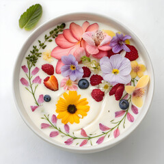 Colorful yogurt bowl with berries and edible flowers