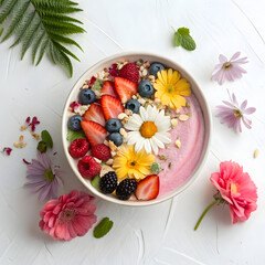 Colorful yogurt bowl with berries and edible flowers