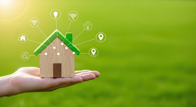 Hand Holding Wooden House Model Smart Home Technology Concept Sustainable Eco Friendly Home Icon Renewable Energy Green Lawn