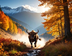 Majestic bull in autumnal mountain valley