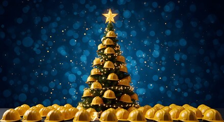 Festive Christmas tree made of yellow hard hats, celebrating holidays for industrial professionals against a sparkling blue backdrop