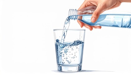 A hand pours clear water from a plastic bottle into a glass, creating a splash.