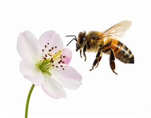 Honeybee approaching delicate pink flower for pollination