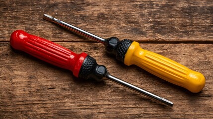 Two brightly colored handles of hand tools rest diagonally across a textured wooden surface.