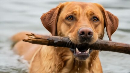 A golden retriever emerges from water, holding a stick. Its eyes are focused and it looks content