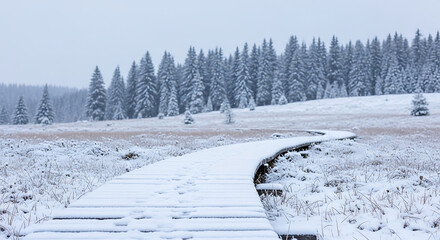 Winding wooden boardwalk through a snow-covered landscape