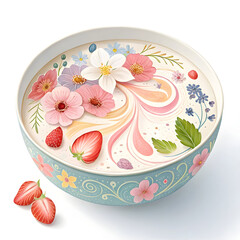 Colorful yogurt bowl with berries and edible flowers