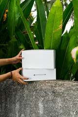 Hands arranging white cardboard boxes outdoors with tropical leaves in the background, representing minimal design and eco packaging lifestyle.