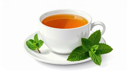 A white teacup filled with tea on a saucer, garnished with fresh mint leaves, against a white background.