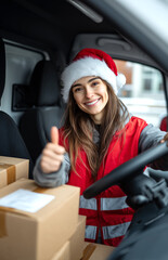 Retrato laboral navideño que evoca eficiencia, alegría estacional y compromiso humano en servicio de entregas.Repartidora con gorro de Santa y chaleco rojo sonríe en furgoneta con cajas al fondo.