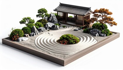 Miniature Zen garden with a traditional Japanese structure, meticulously arranged.