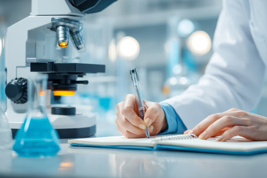 Researcher in white coat writing notes beside microscope and glass flasks