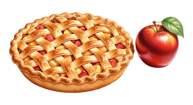 A tasty apple pie with lattice crust and a fresh red apple isolated on transparent background