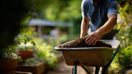Faceless gardener's lower body and hands pushing metal wheelbarrow loaded with dark soil defocused garden area with plants in background outdoor landscaping work horticultural
