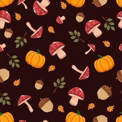 Mushroom and pumpkin seamless pattern with leaves decoration. Cute autumn illustration with dark background. Can be used for wallpaper, paper wrapping, fashion fabric and forest theme decoration