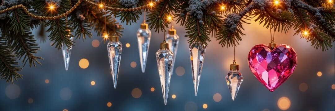 Christmas tree branch with glowing fairy lights, crystal icicle ornaments, and a sparkling pink faceted heart, set against a winter blue bokeh background.