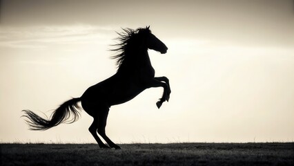 Majestic horse silhouette in powerful rearing pose against a scenic outdoor landscape, showcasing grace, strength, wild beauty, and dynamic motion in natural wilderness