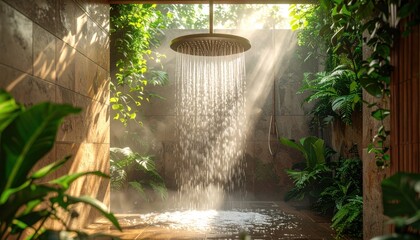Sun-drenched walk-in shower enveloped by vibrant tropical plants, creating a private, steamy jungle sanctuary