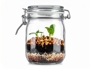 A glass jar contains soil and seeds, with small green plants sprouting upwards.