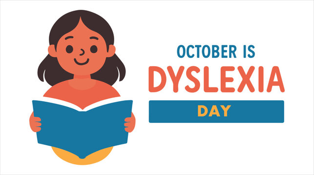 Girl reading book, october is dyslexia day awareness campaign isolated on white background