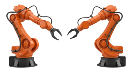 Two orange industrial robot arms facing each other isolated on transparent background in a studio shot