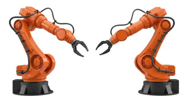 Two orange industrial robot arms facing each other isolated on transparent background in a studio shot