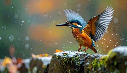 Bird takes flight, wings extended, amidst rain and colorful backdrop
