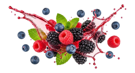 Fresh raspberries, blackberries, and blueberries with juice splash isolated on transparent background for healthy eating concept