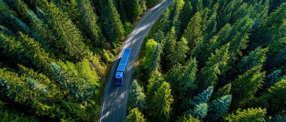 Blue hydrogen powered freight vehicle on scenic forest road. Sustainable logistics concept clean energy transportation zero emission truck technology for eco friendly delivery and green freight.