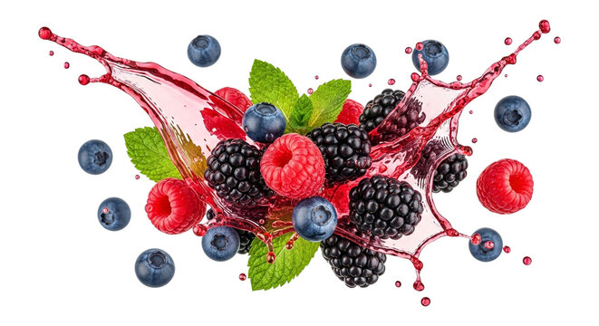 Fresh raspberries, blackberries, and blueberries with juice splash isolated on transparent background for healthy eating concept