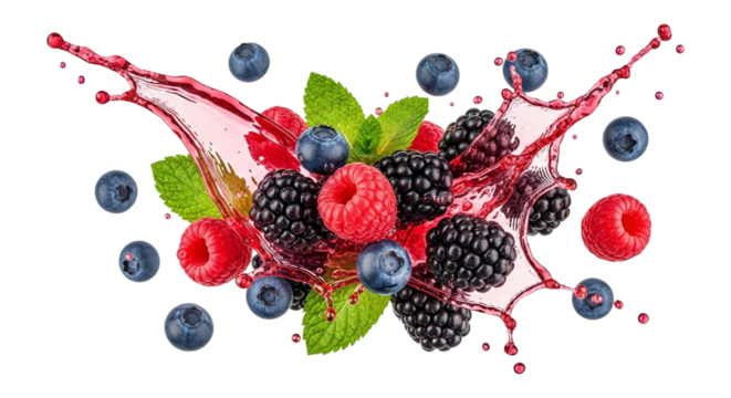 Fresh raspberries, blackberries, and blueberries with juice splash isolated on transparent background for healthy eating concept