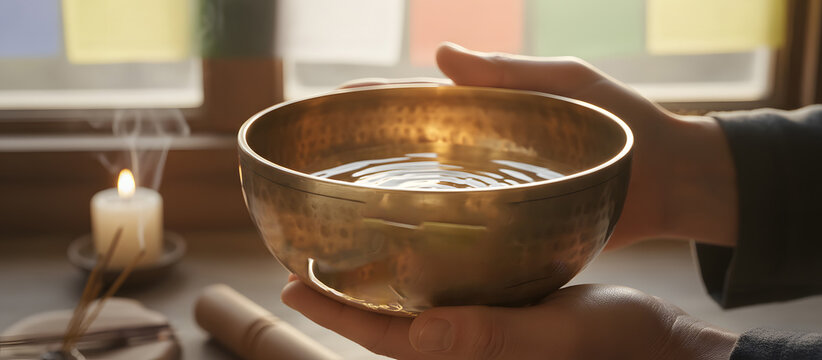Craftsman holds a beautifully crafted brass bowl filled with water in a softly lit room for a calming experience