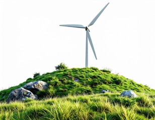 Wind Turbine on Green Hilltop with Rocks and Grass