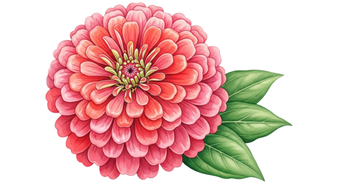 Watercolor zinnia flower isolated on transparent background, showcasing the vibrant petals and detailed leaf illustration