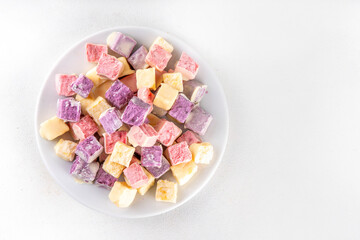 Colorful freeze dried yogurt with various fruit flavors. Homemade Frozen Dried Strawberry, Blueberry, Mango, Vanilla Yogurt Crunch 