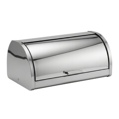 Sleek stainless steel bread box with roll-top lid on transparent background