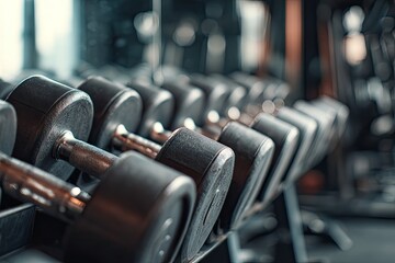 Fototapeta premium Rack of heavy dumbbells, arranged in rows, in a dim, modern gym setting with blurred background