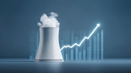 Growth of Nuclear Power Market Represented by Cooling Tower and Upward Trend Graph Illustrating Positive Outlook for Energy Sector