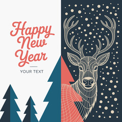 This festive Happy New Year greeting card features a charming deer illustration amidst a seasonal backdrop, making it suitable for cheerful holiday greetings or promotions.