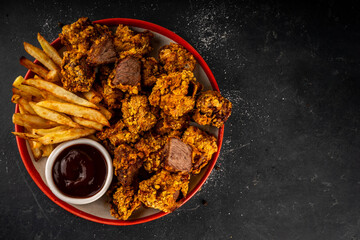 Beef Steak Nuggets Bites in crispy corn breading, cooked in an airfrier grill or oven. Healthy...