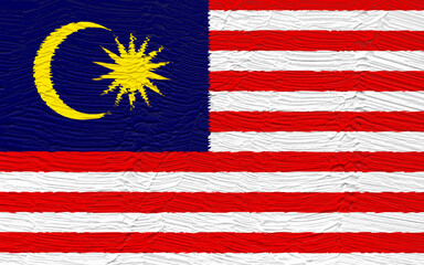 Textured representation of a national flag showcases a deep blue canton containing a yellow crescent and a sun with radiating points against alternating red and white stripes, invoking