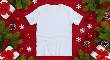 christmas gift wrapping on a red background with a white t-shirt mockup