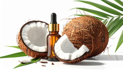 Coconut oil in a dropper bottle with halved coconuts and palm fronds on a white background.