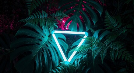 Stunning neon triangle amidst lush tropical foliage for a vibrant, modern aesthetic perfect for backgrounds, branding, and eye-catching designs