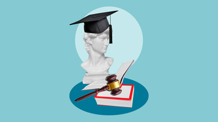 Gavel and scales of justice with books as symbols of legal education