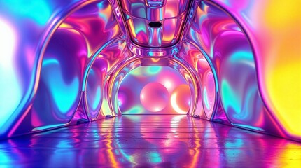 abstract surreal space, featuring vibrant iridescent holographic walls, floor and floating sphere ball