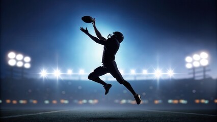Dynamic football athlete in action during game under stadium lights, showcasing athletic performance, agility, and competitive spirit in outdoor sports environment