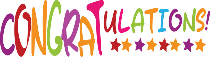 Colorful Congratulations Typography with Stars on White Background