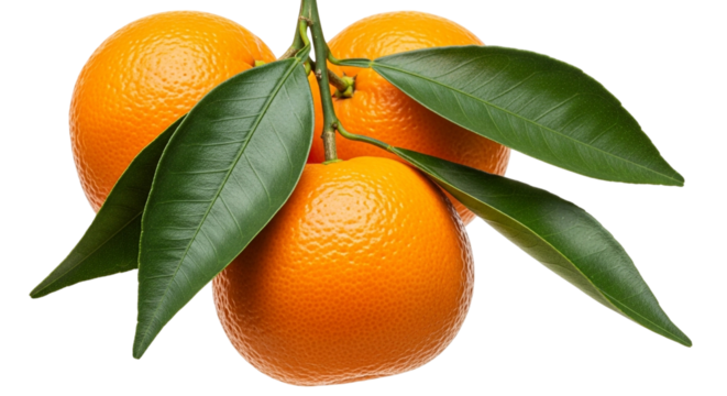 A vibrant cluster of ripe oranges with lush green leaves, isolated on transparent background, showcasing freshness - Powered by Adobe
